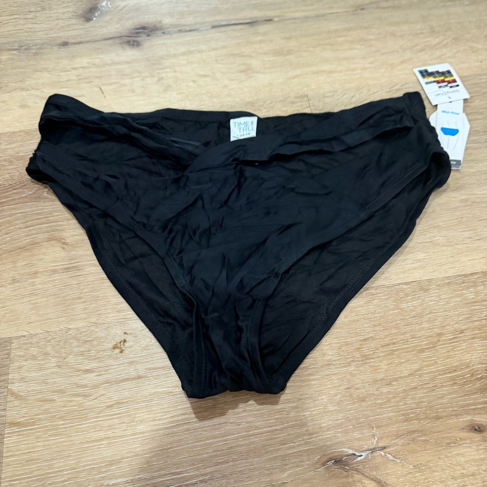 Time and Tru Womens Black Mid Rise Wrap Front Bikini Swim Bottom L 12-14 NWT